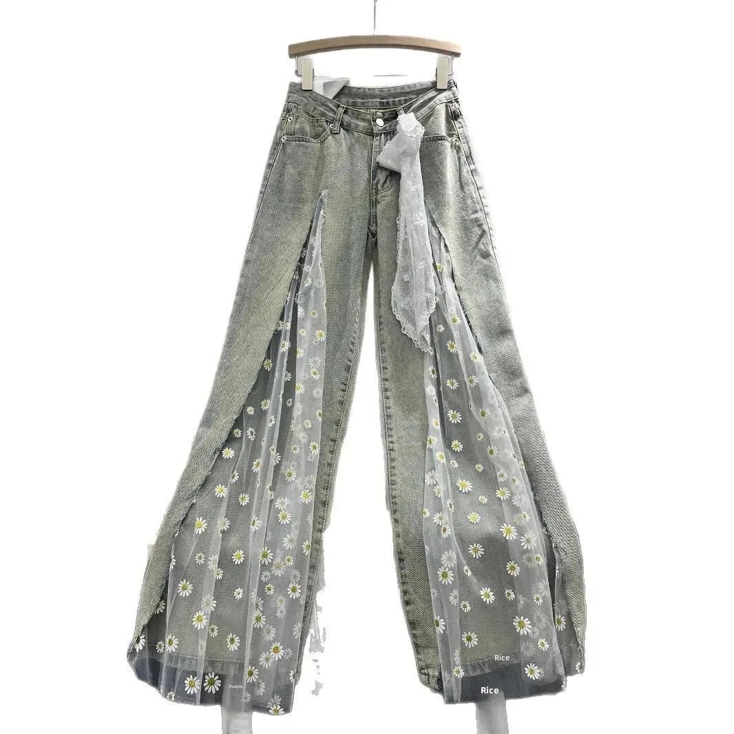 Women's Embroidered Hollow out Wide Leg Jeans Straight Cut Loose Long Trousers Spring Summer Fashionable Cargo Pants