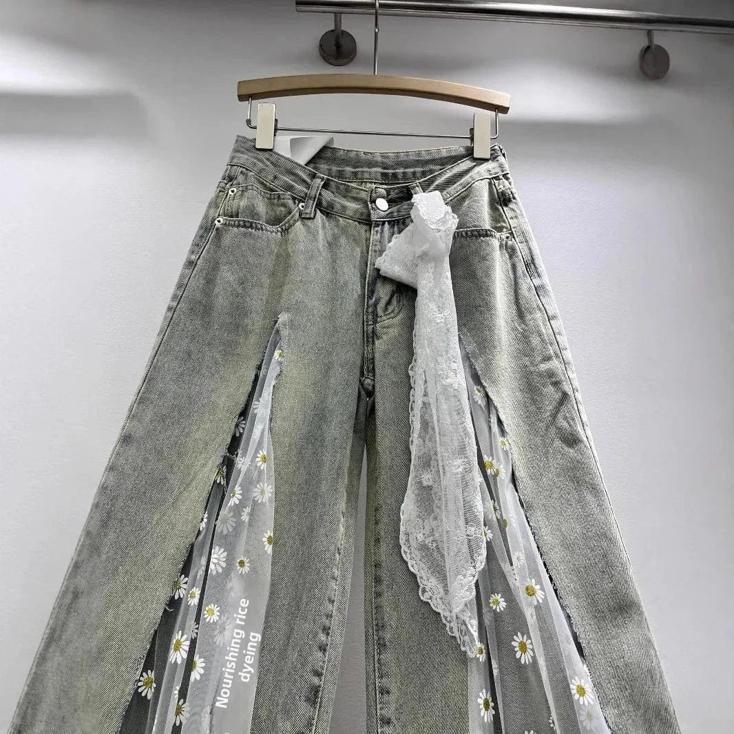Women's Embroidered Hollow out Wide Leg Jeans Straight Cut Loose Long Trousers Spring Summer Fashionable Cargo Pants