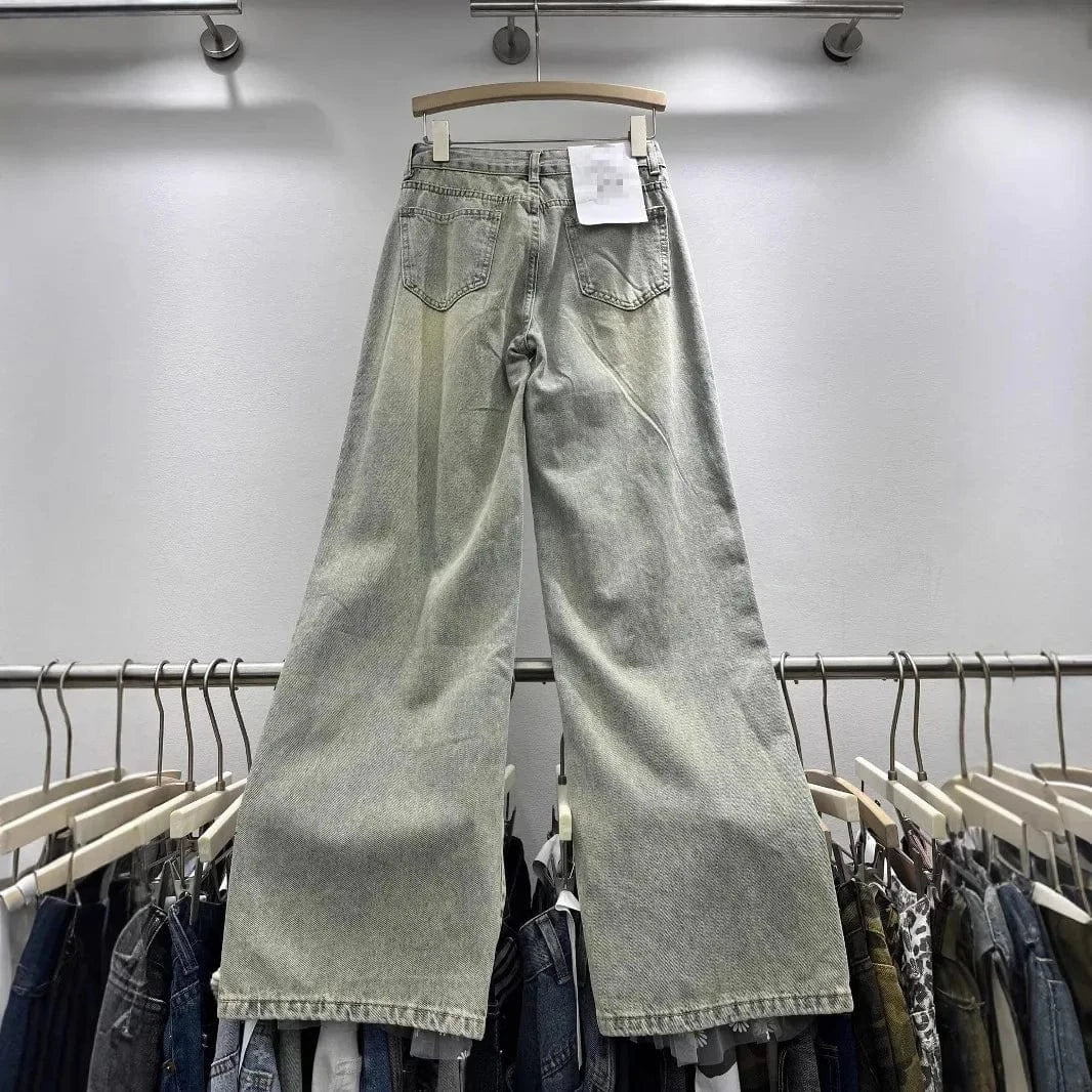 Women's Embroidered Hollow out Wide Leg Jeans Straight Cut Loose Long Trousers Spring Summer Fashionable Cargo Pants