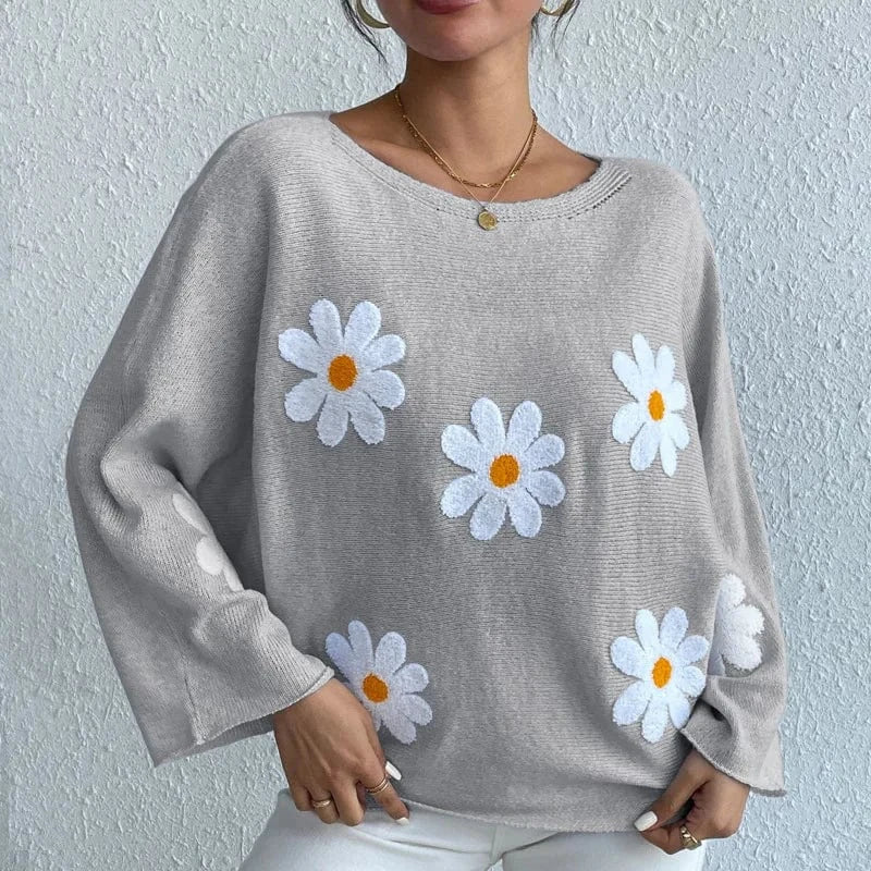 Women'S Fashion Casual Loose Sleeve Knitwear Top Sweater Clothes Women Sweet flower loose knit top 2024 New Jersey Mujer