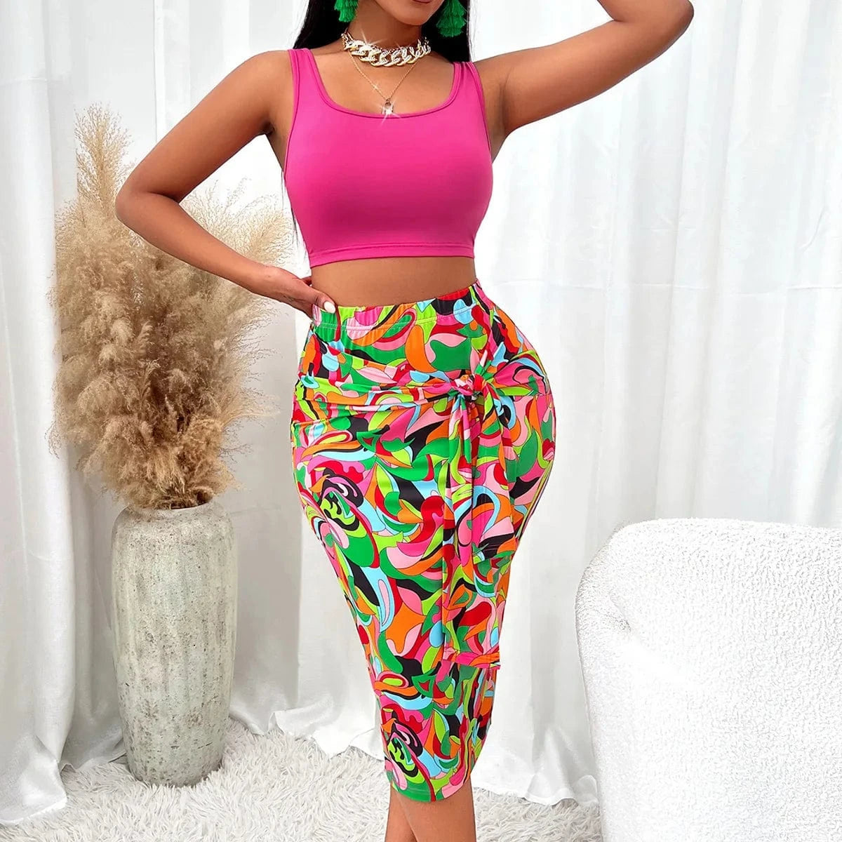 Women's Fashion Dresses 2024 New Summer Sexy Pink Leopard Print Tied Detail Slit Side Split Skirt Casual Waist Retraction Dress