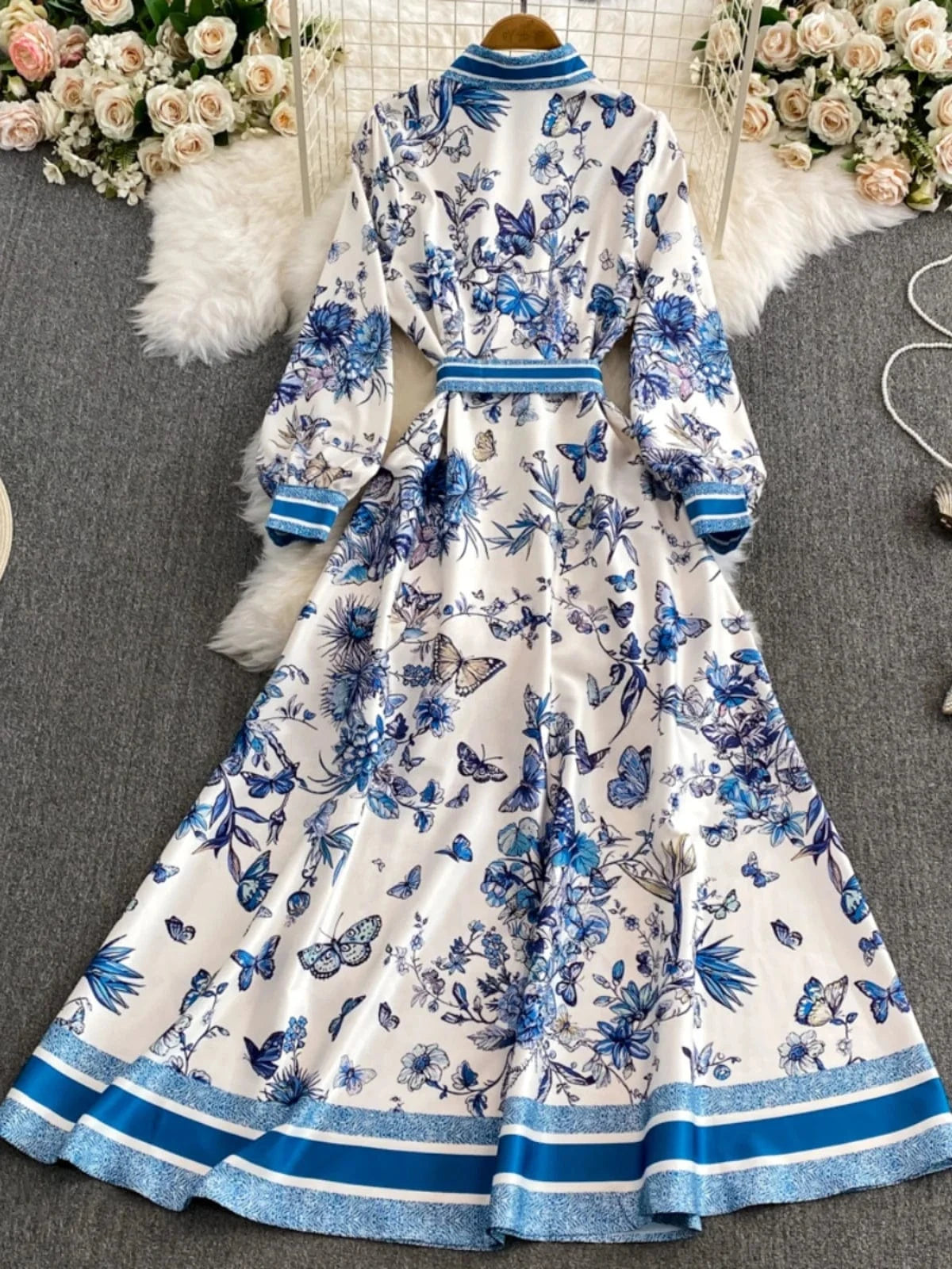 Women's fashion print Bohemian long dress autumn winter 2024 plus size maxi long sleeve Large hem dress