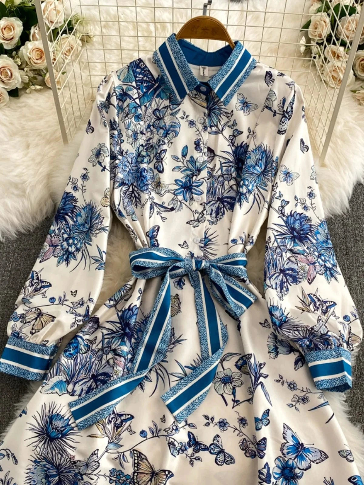 Women's fashion print Bohemian long dress autumn winter 2024 plus size maxi long sleeve Large hem dress