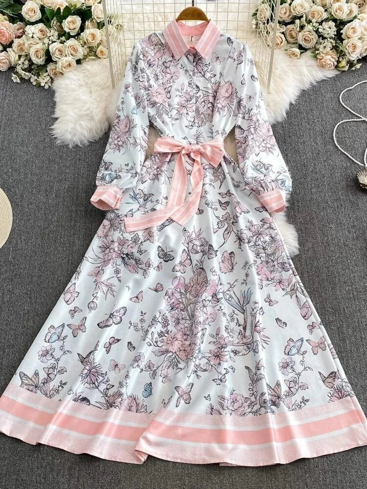Women's fashion print Bohemian long dress autumn winter 2024 plus size maxi long sleeve Large hem dress