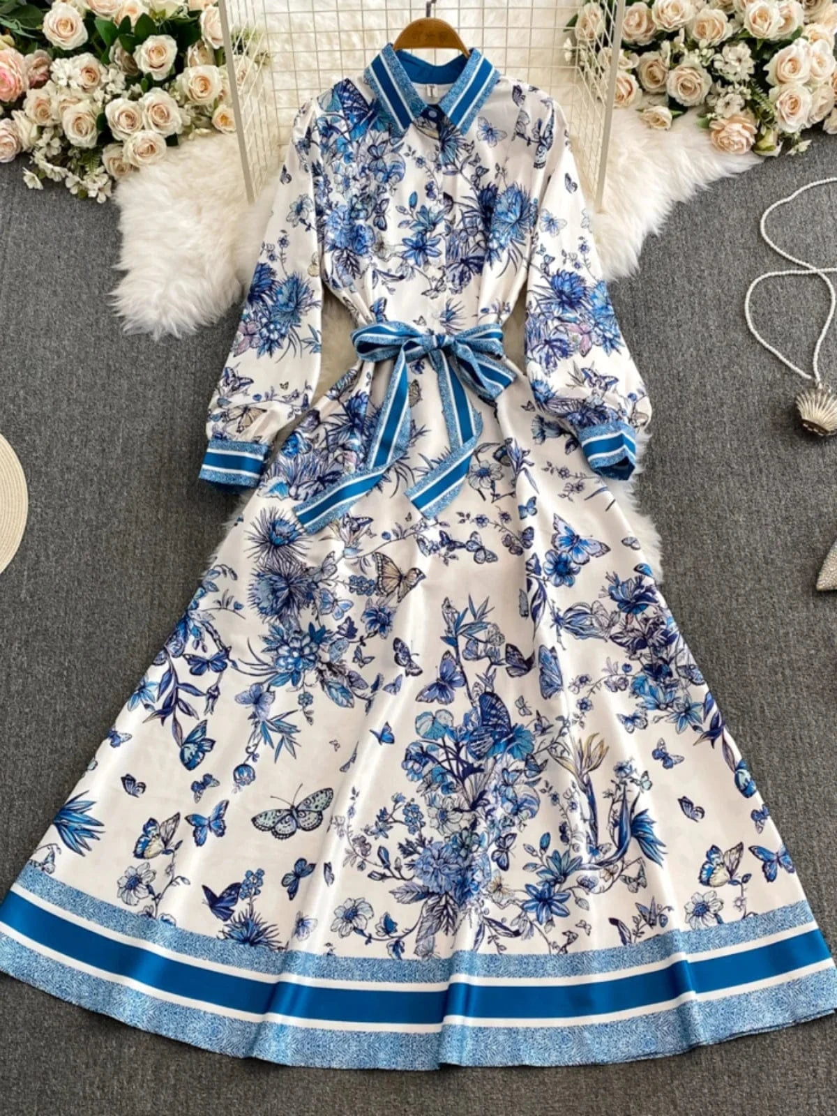 Women's fashion print Bohemian long dress autumn winter 2024 plus size maxi long sleeve Large hem dress