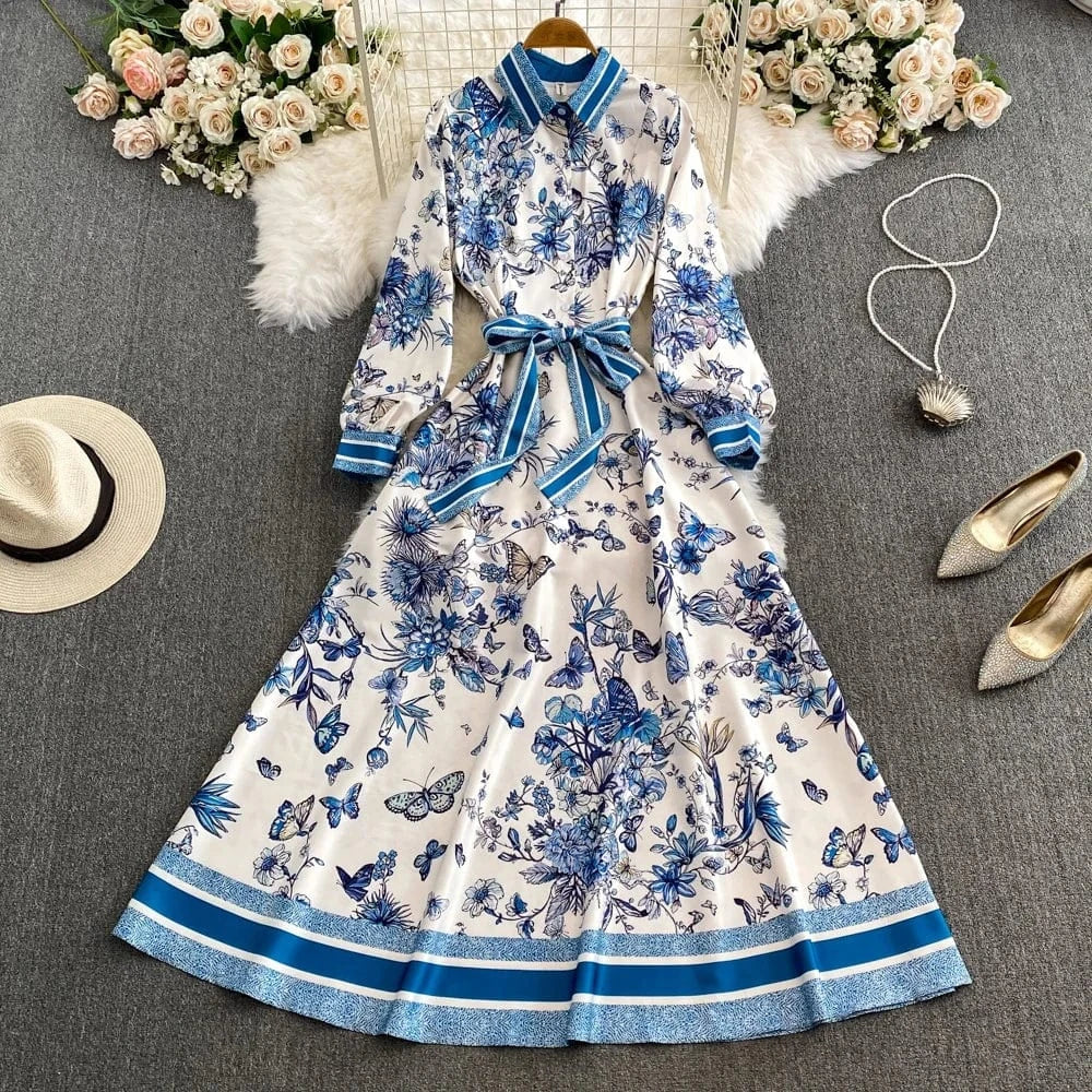 Women's fashion print Bohemian long dress autumn winter 2024 plus size maxi long sleeve Large hem dress