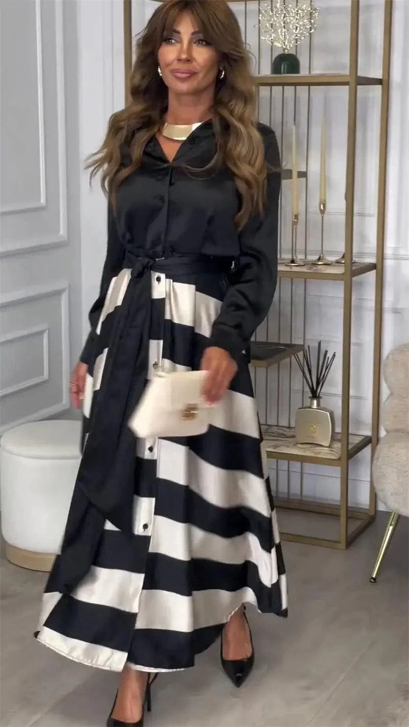 Women's Fashion Spring Autumn Satin Long Dress Casual Long Sleeved Lace Up Turn-down Collar Skirts Vintage Pattern Printed Dress