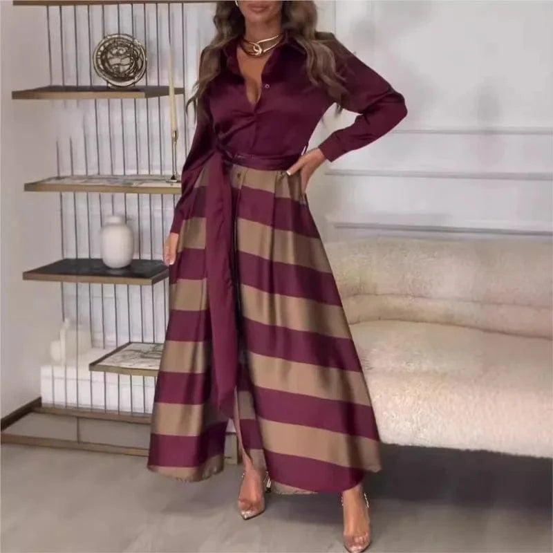 Women's Fashion Spring Autumn Satin Long Dress Casual Long Sleeved Lace Up Turn-down Collar Skirts Vintage Pattern Printed Dress