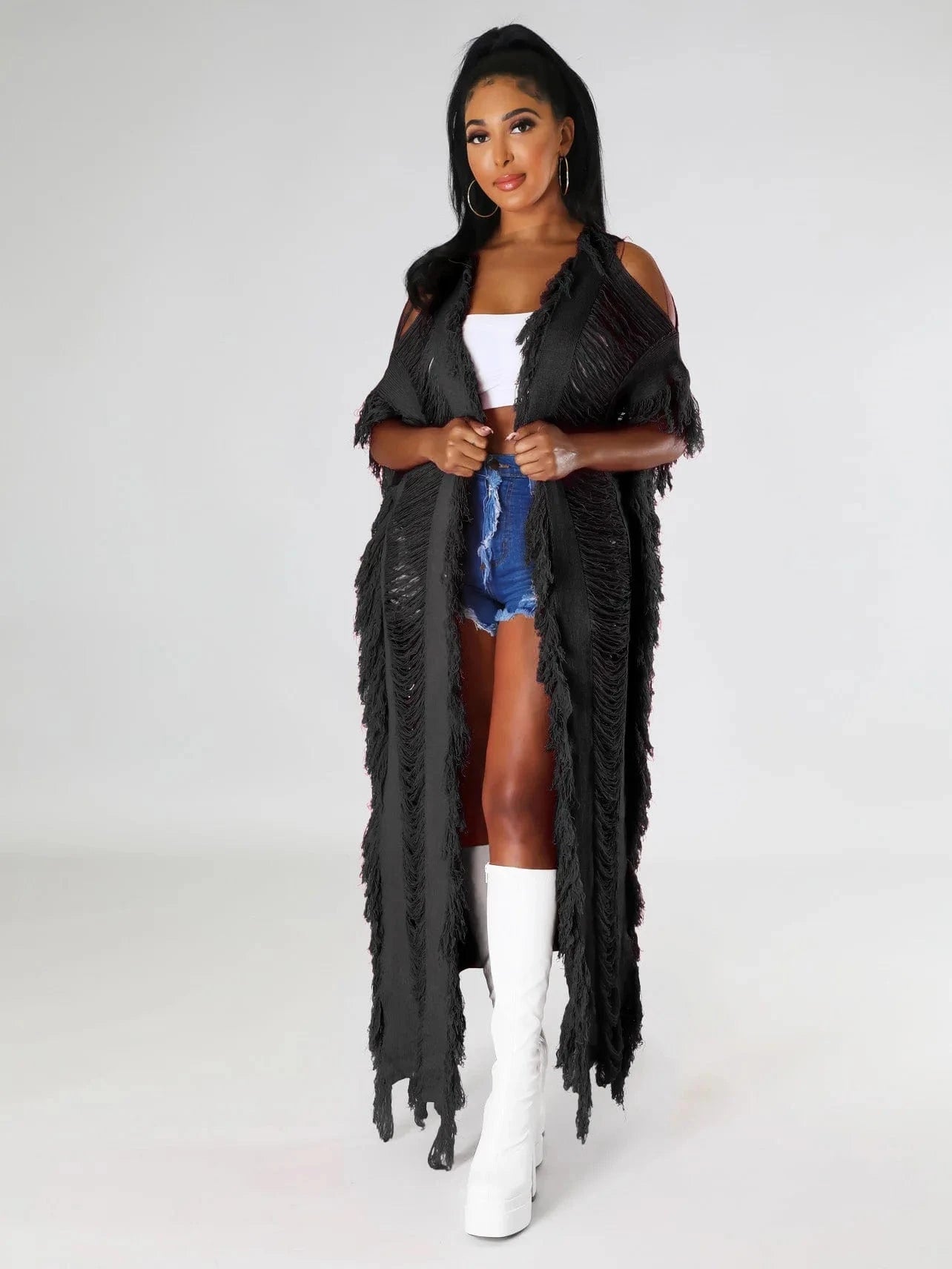 Women's Fashion Street Shoot Solid Hollow Cardigan Fringe Autumn Winter knitted Clothing