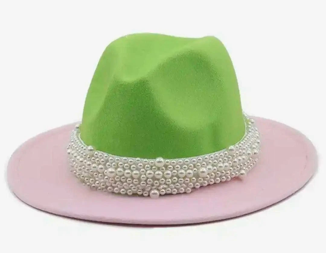 Women's Flip top British classic jazz wool hat big cornice fashion flat edge hat Pink Green Sorority Hat