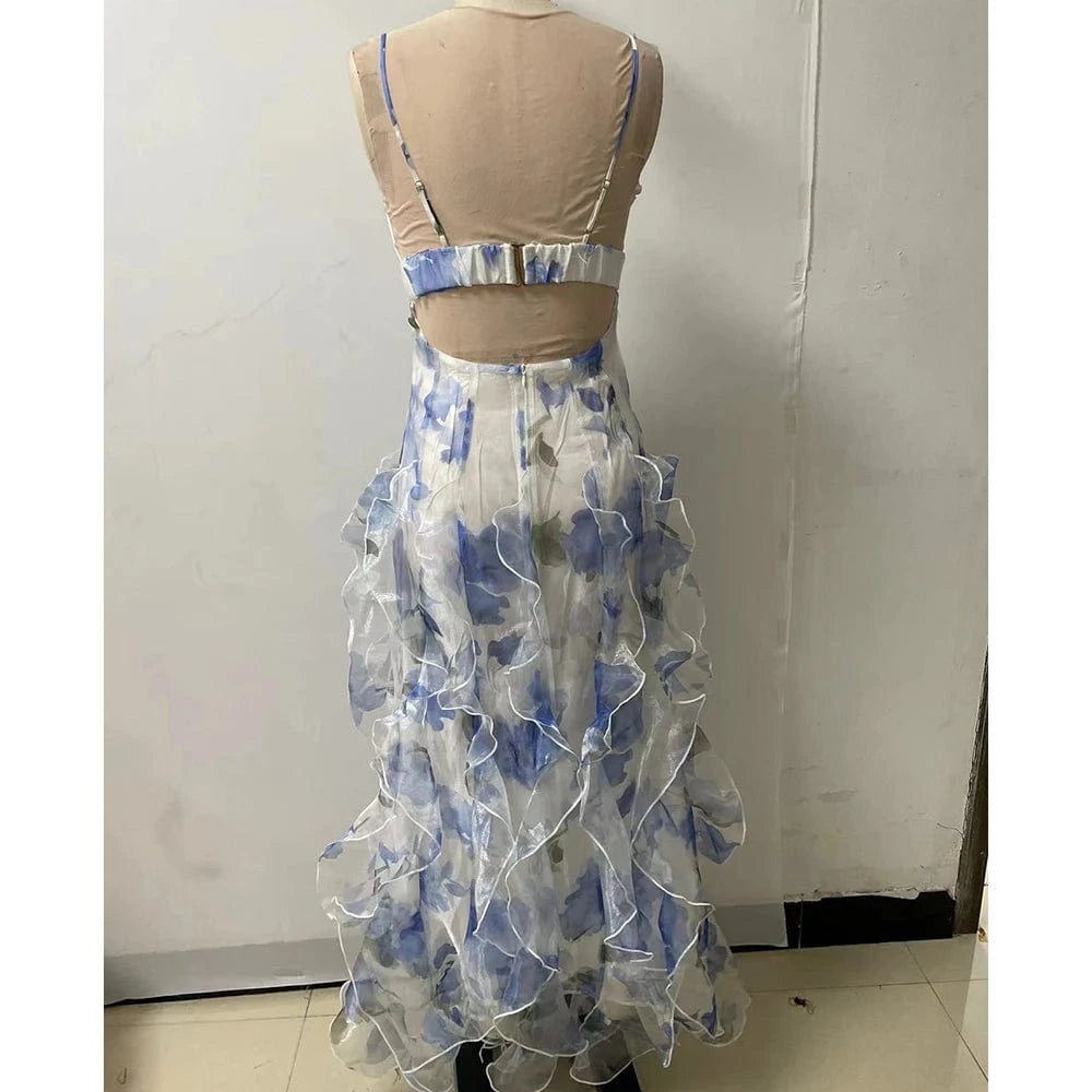 Women's Floral Low-Cut Dress French Summer Halter Gentle Wind Dress Slimming Backless Halter Slit Out Floor-Length Dress