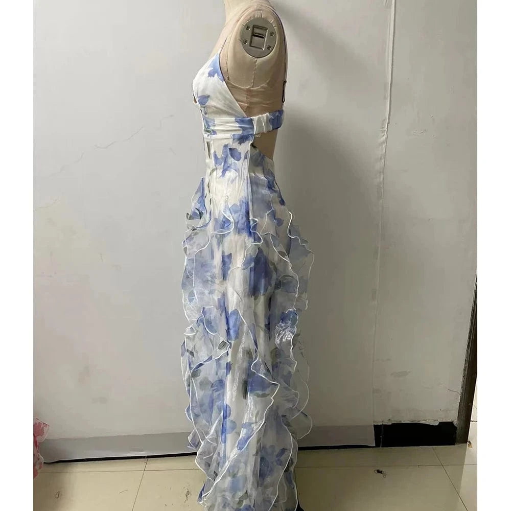 Women's Floral Low-Cut Dress French Summer Halter Gentle Wind Dress Slimming Backless Halter Slit Out Floor-Length Dress