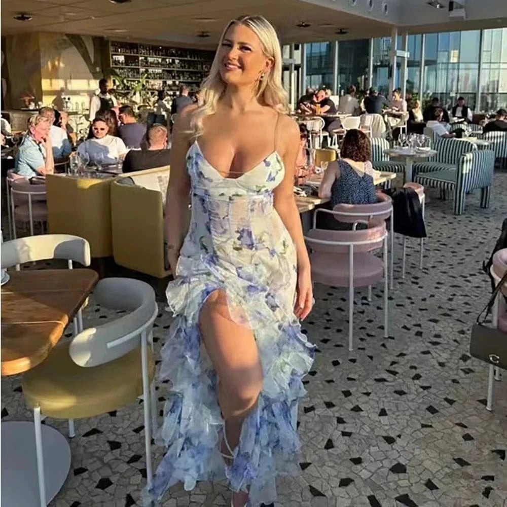 Women's Floral Low-Cut Dress French Summer Halter Gentle Wind Dress Slimming Backless Halter Slit Out Floor-Length Dress