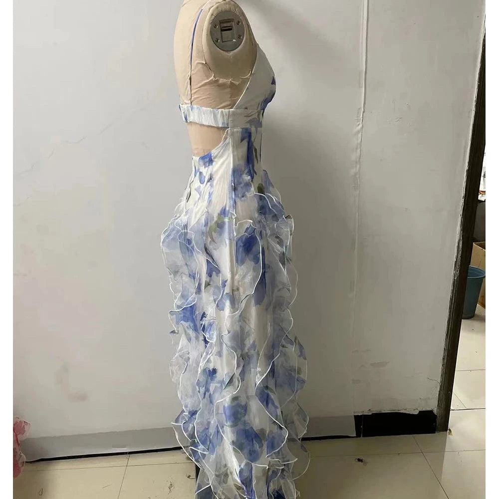 Women's Floral Low-Cut Dress French Summer Halter Gentle Wind Dress Slimming Backless Halter Slit Out Floor-Length Dress