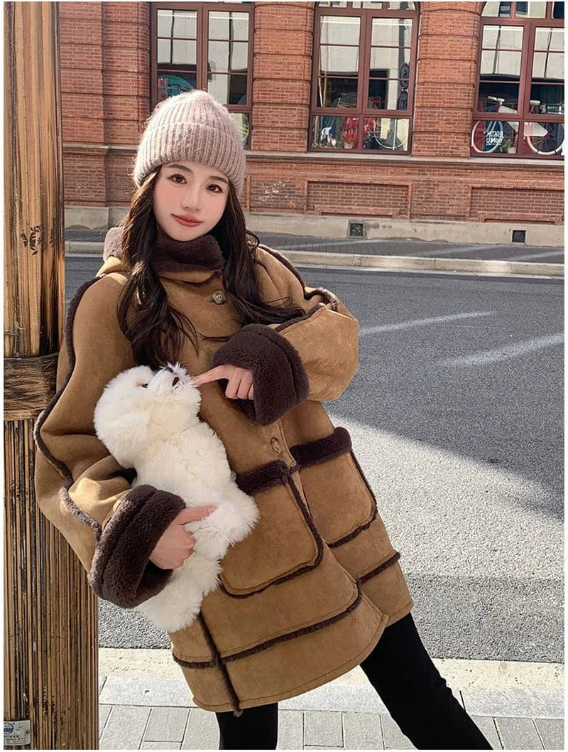 Women's Fur Integrated 2024 New Winter Thick High-end Loose Imitation Suede Coat Female Korean Hooded Maillard Lamb Fur Coat,