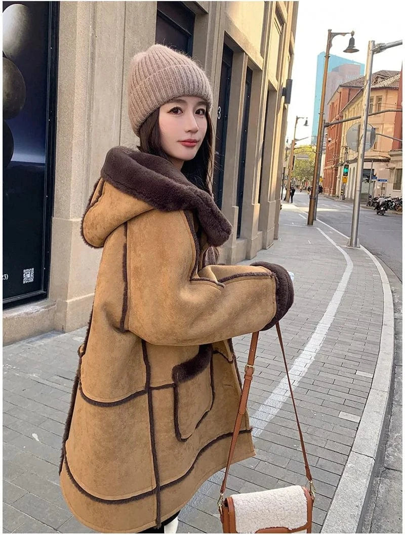 Women's Fur Integrated 2024 New Winter Thick High-end Loose Imitation Suede Coat Female Korean Hooded Maillard Lamb Fur Coat,