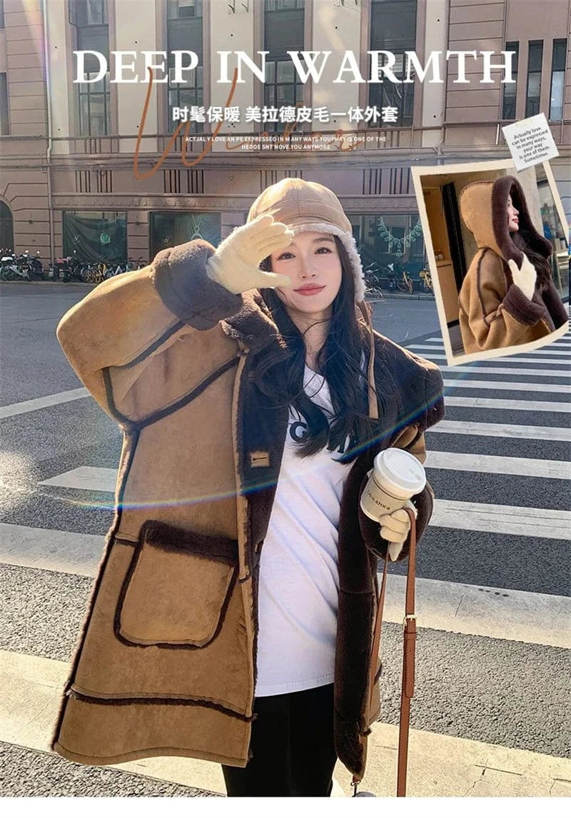 Women's Fur Integrated 2024 New Winter Thick High-end Loose Imitation Suede Coat Female Korean Hooded Maillard Lamb Fur Coat,