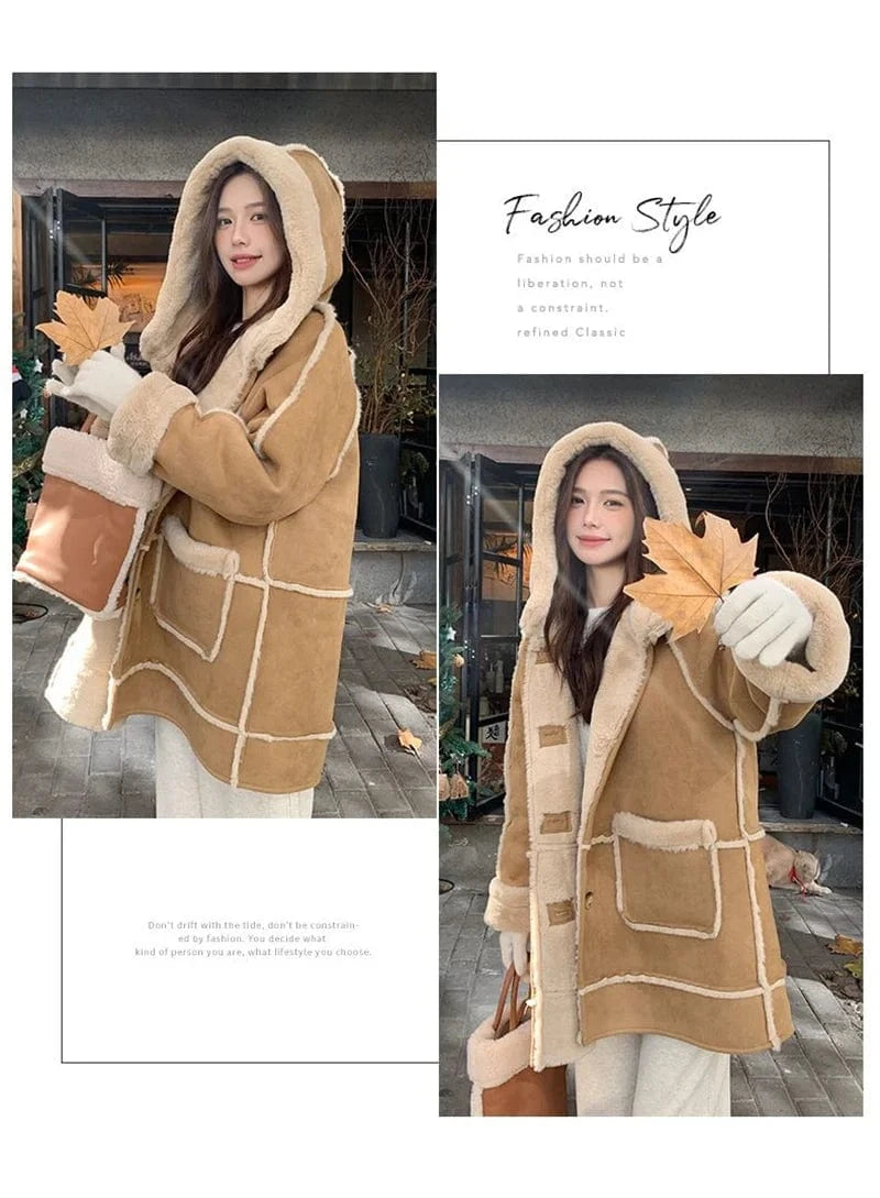 Women's Fur Integrated 2024 New Winter Thick High-end Loose Imitation Suede Coat Female Korean Hooded Maillard Lamb Fur Coat,