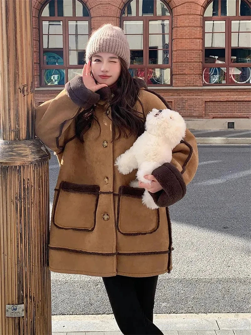 Women's Fur Integrated 2024 New Winter Thick High-end Loose Imitation Suede Coat Female Korean Hooded Maillard Lamb Fur Coat,