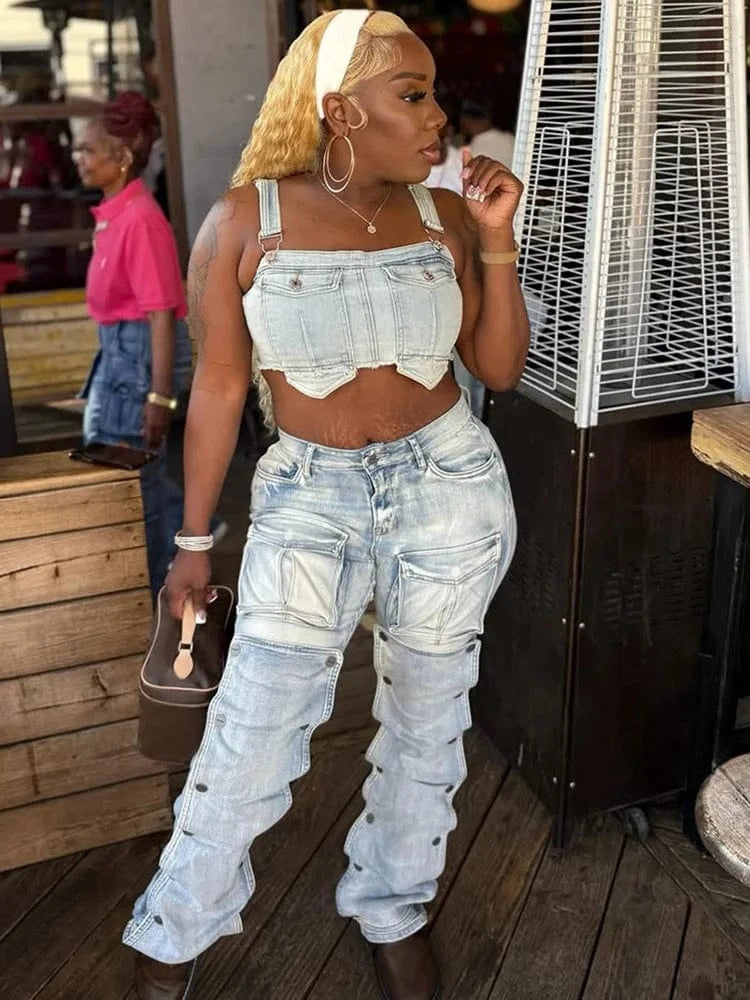 Women's High Waist Fashion Denim Straight Pants Multi-Pockets Button Detail Casual Cargo Jeans Female Streetwear New 2025