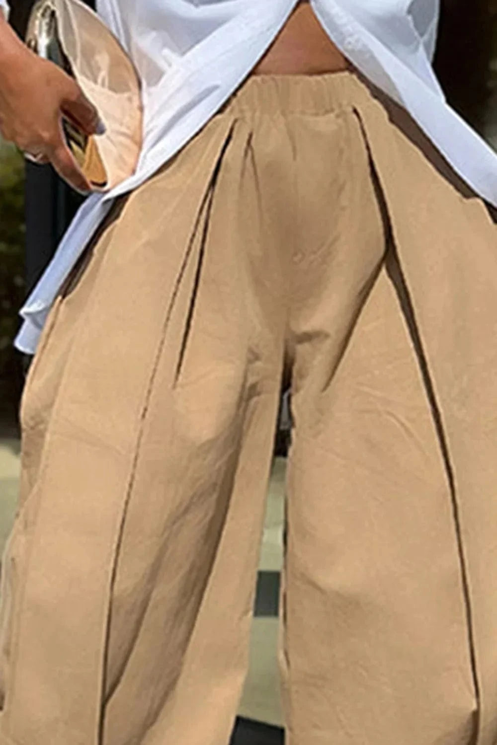 Women's Khaki Capri Trousers Pockets pleated Wide Leg Casual Vintage Loose Harajuku High Waist Leisure Calf-length Pants