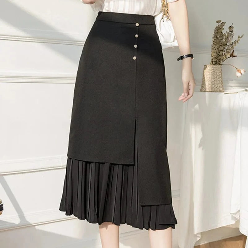 Women's Korean Style Elegant High Waist Slim Skirts Asymmetrical Pleated Patchwork Long Midi Skirt Office Ladies Jupe Femme