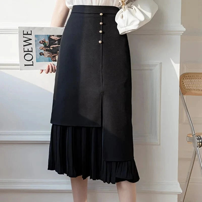 Women's Korean Style Elegant High Waist Slim Skirts Asymmetrical Pleated Patchwork Long Midi Skirt Office Ladies Jupe Femme