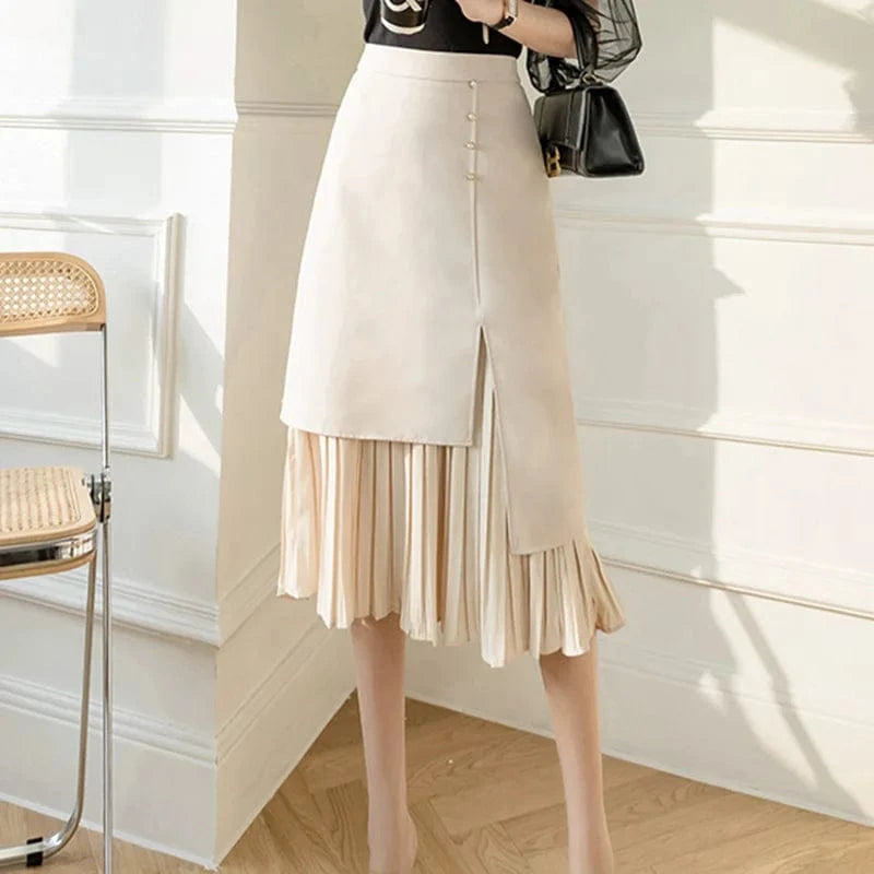 Women's Korean Style Elegant High Waist Slim Skirts Asymmetrical Pleated Patchwork Long Midi Skirt Office Ladies Jupe Femme