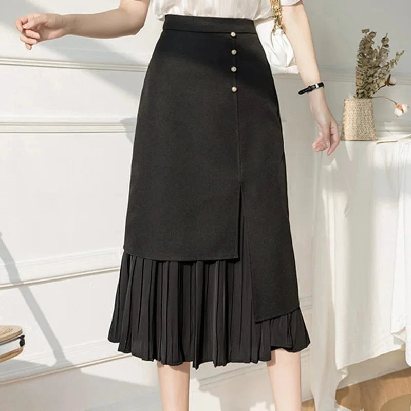 Women's Korean Style Elegant High Waist Slim Skirts Asymmetrical Pleated Patchwork Long Midi Skirt Office Ladies Jupe Femme