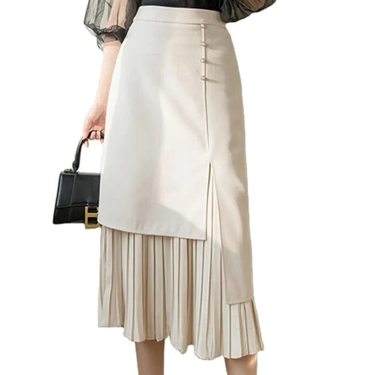 Women's Korean Style Elegant High Waist Slim Skirts Asymmetrical Pleated Patchwork Long Midi Skirt Office Ladies Jupe Femme