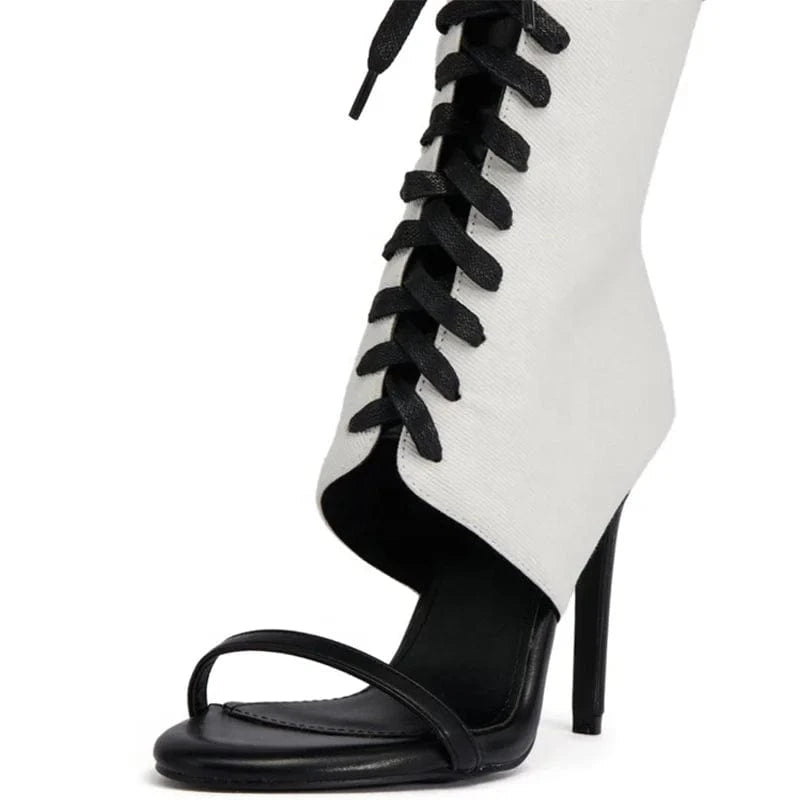 Women's Lace Up Summer Short Boots Single Band Back Zipper Ankle Boots Thin High Heels Sandals Stiletto Shoes