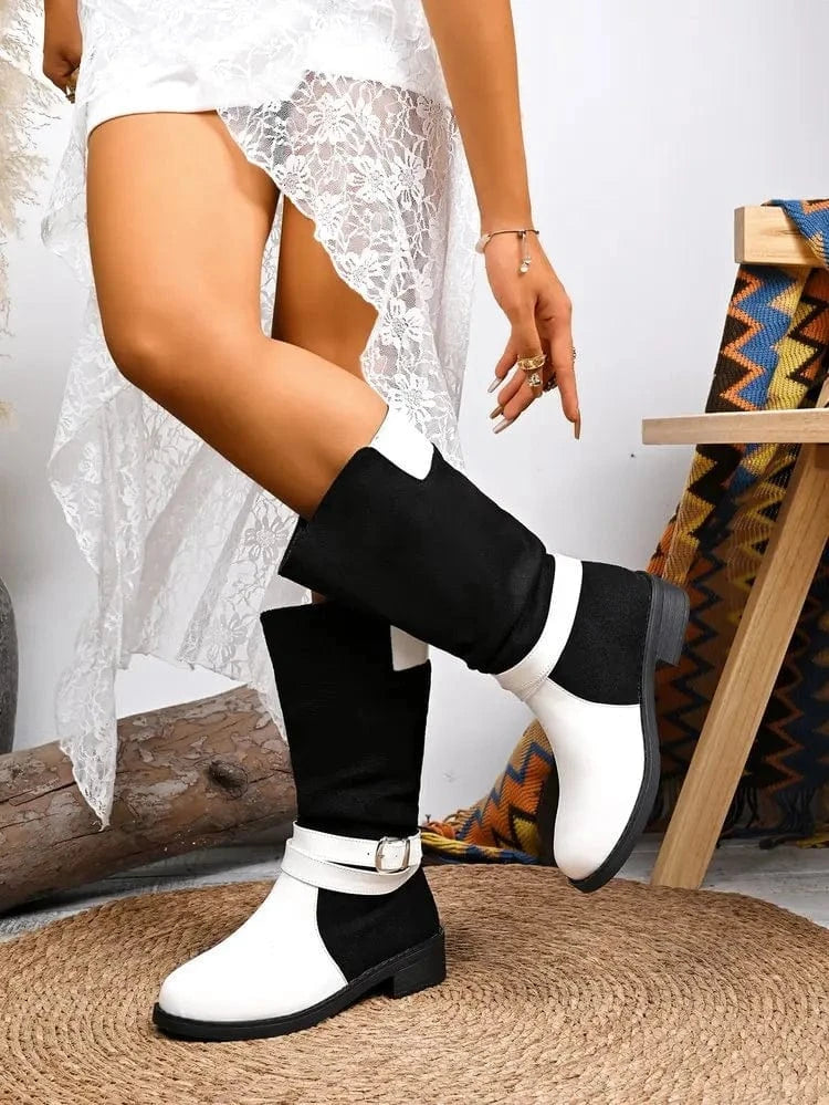 Women's large-sized black and white patchwork thigh-high knee-length fashion boots 2025 autumn/Winter round-toed boots