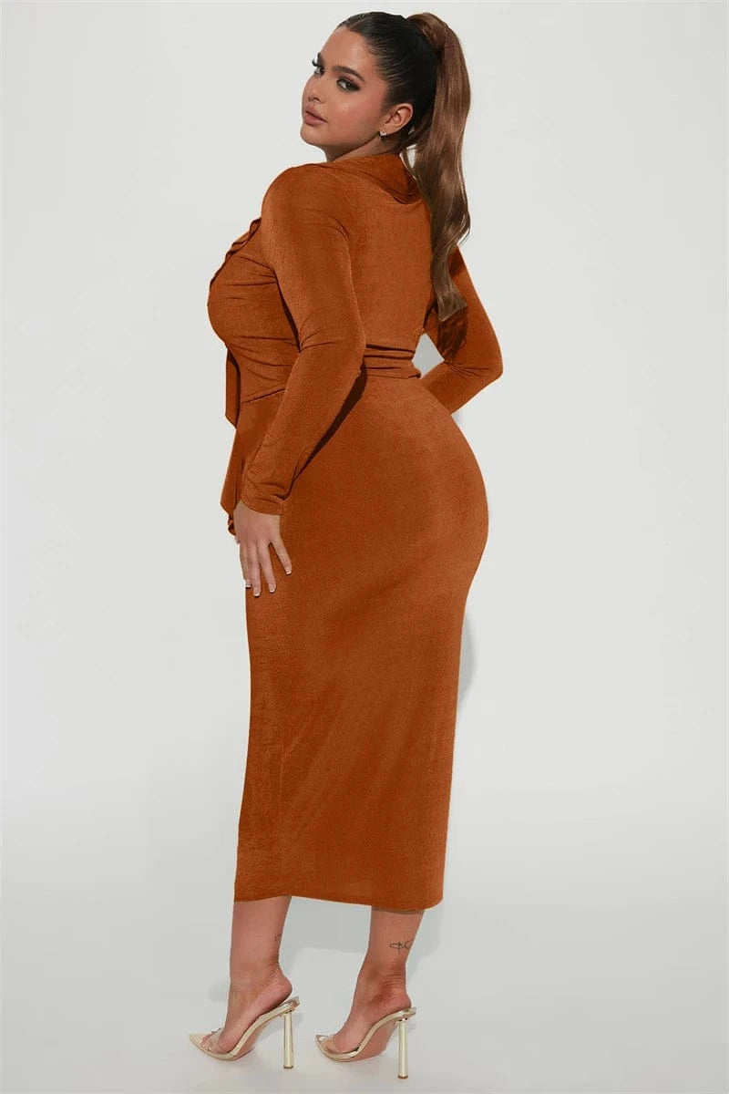 women's long sleeve tie front top t shirt and midi skirt 2 two piece set women summer spring 2024 sexy elegant clothing outfit