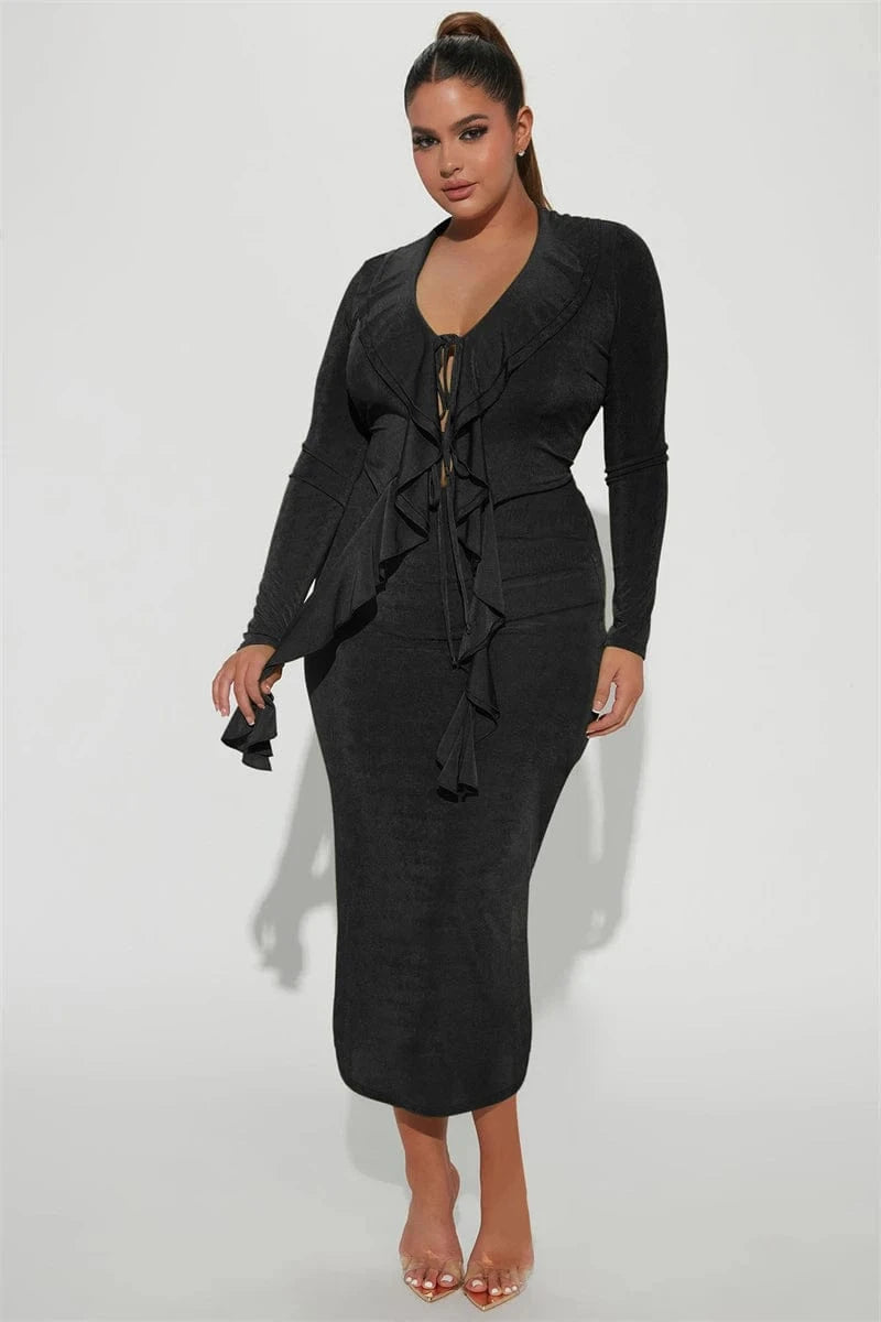 women's long sleeve tie front top t shirt and midi skirt 2 two piece set women summer spring 2024 sexy elegant clothing outfit
