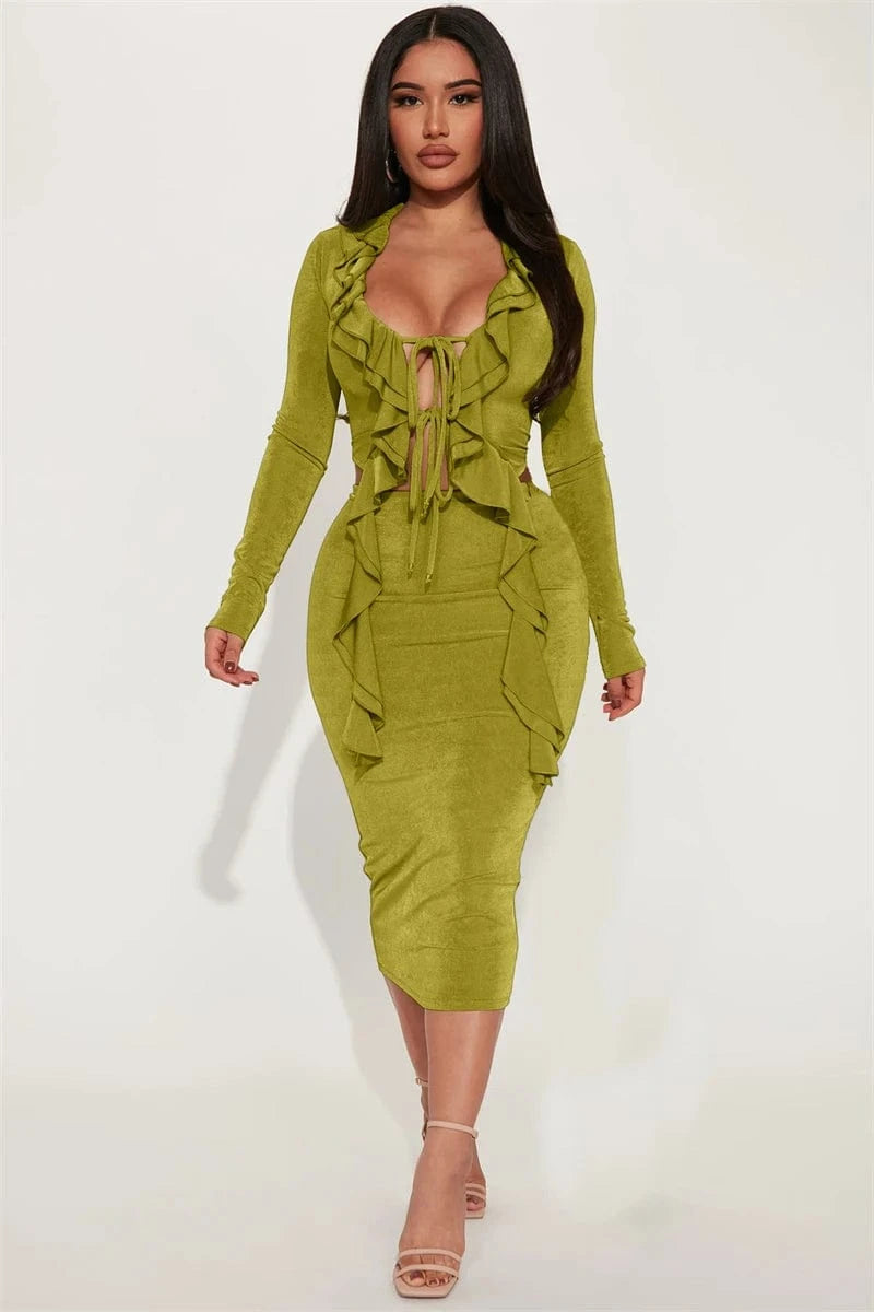 women's long sleeve tie front top t shirt and midi skirt 2 two piece set women summer spring 2024 sexy elegant clothing outfit