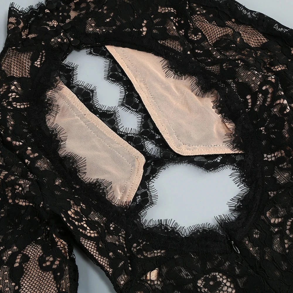 Women's Maxi Lace Cut Out Long Dress Sexy Backless High Split Long-Sleeves Deep V-Neck Celebrity Slim Party Wedding Morning Gown