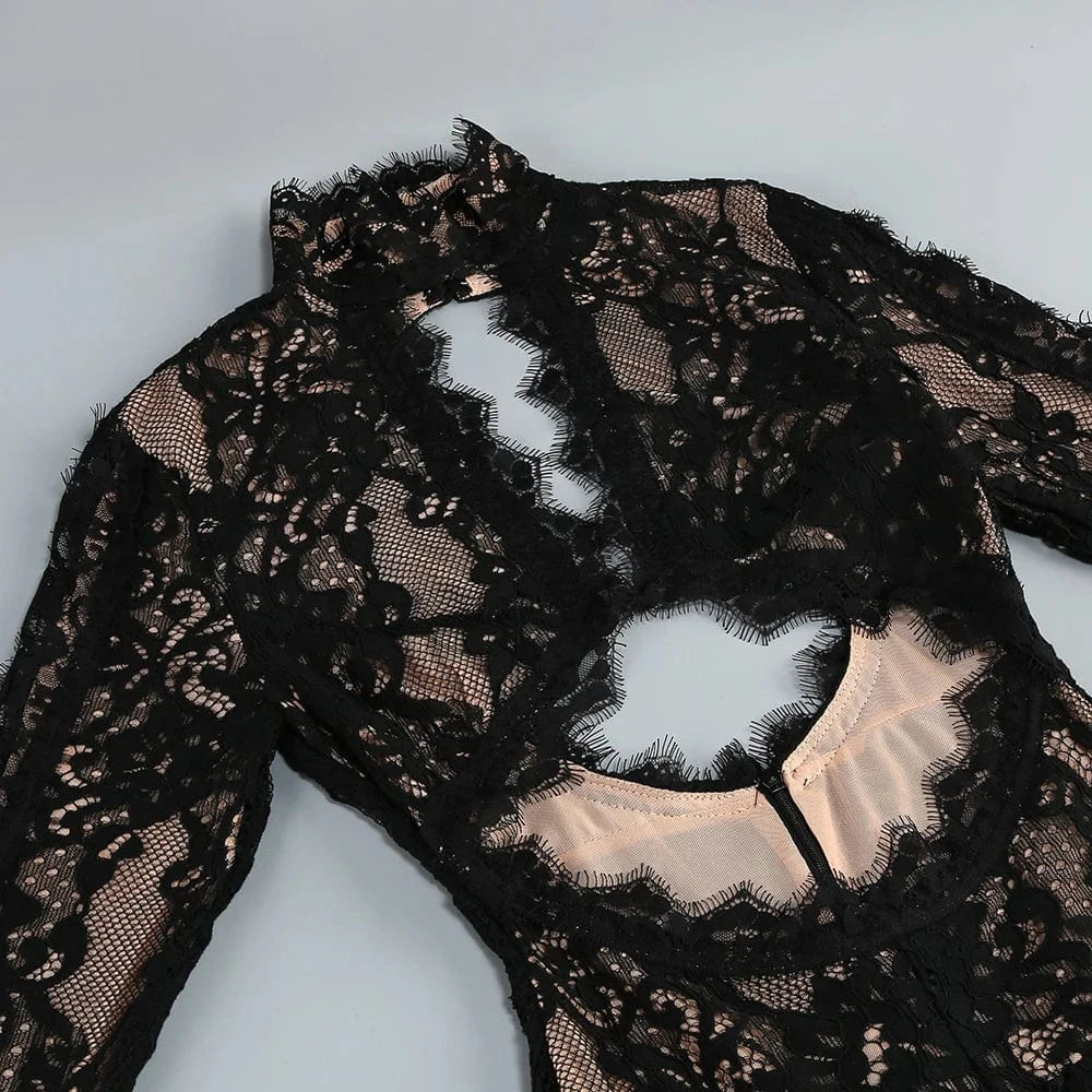 Women's Maxi Lace Cut Out Long Dress Sexy Backless High Split Long-Sleeves Deep V-Neck Celebrity Slim Party Wedding Morning Gown