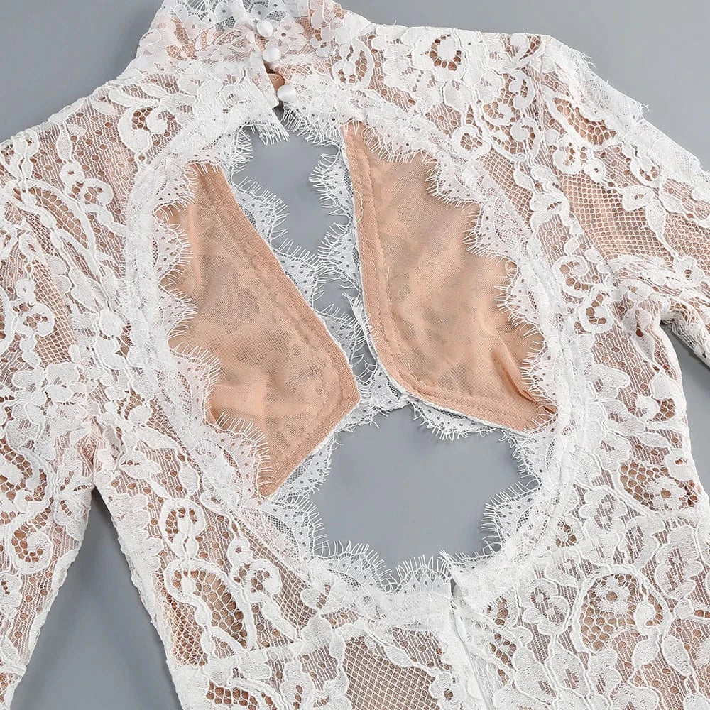 Women's Maxi Lace Cut Out Long Dress Sexy Backless High Split Long-Sleeves Deep V-Neck Celebrity Slim Party Wedding Morning Gown