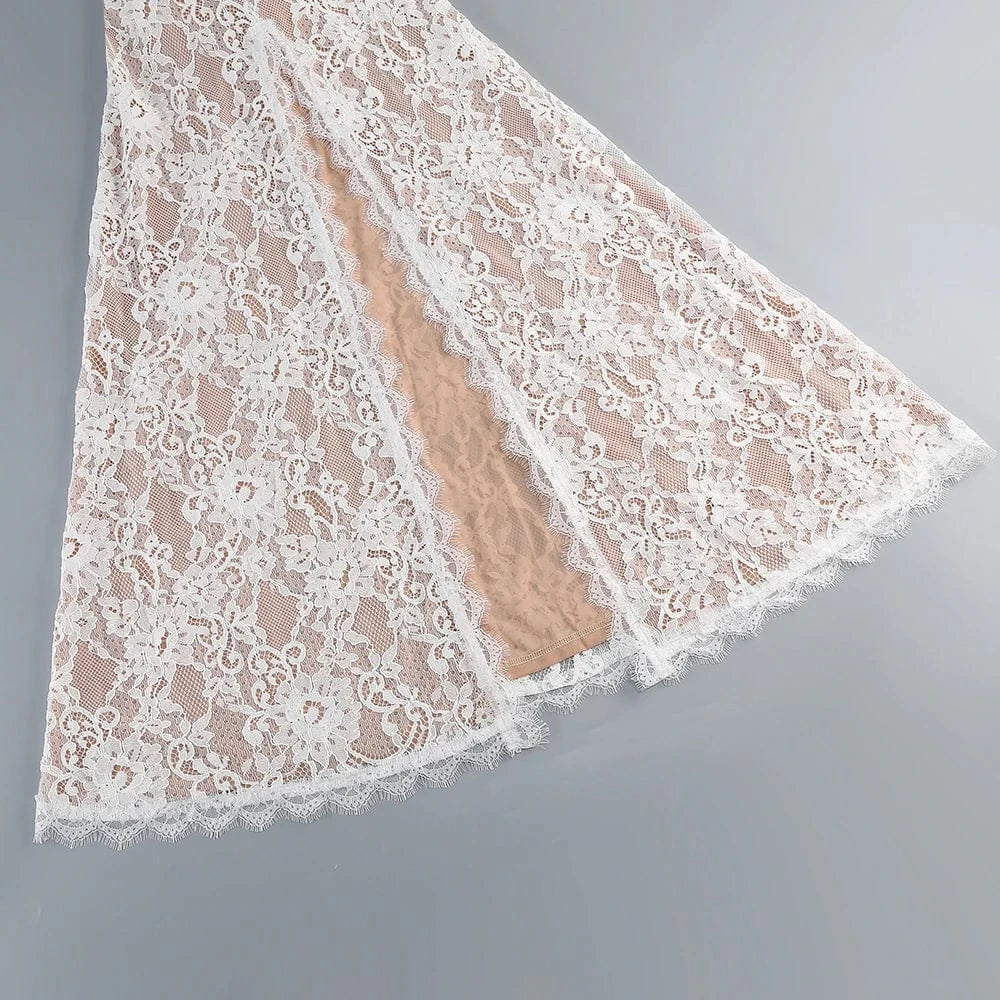 Women's Maxi Lace Cut Out Long Dress Sexy Backless High Split Long-Sleeves Deep V-Neck Celebrity Slim Party Wedding Morning Gown