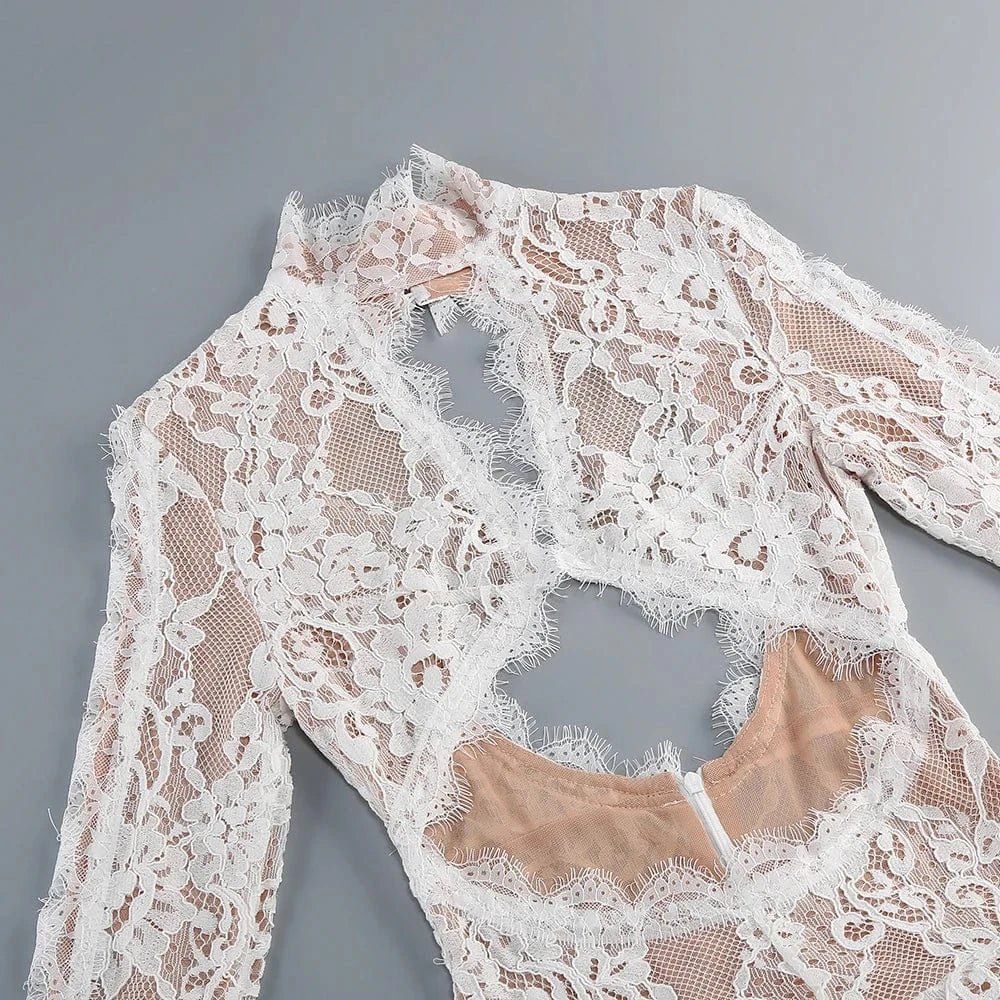 Women's Maxi Lace Cut Out Long Dress Sexy Backless High Split Long-Sleeves Deep V-Neck Celebrity Slim Party Wedding Morning Gown