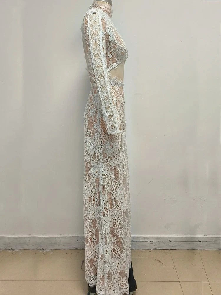 Women's Maxi Lace Cut Out Long Dress Sexy Backless High Split Long-Sleeves Deep V-Neck Celebrity Slim Party Wedding Morning Gown