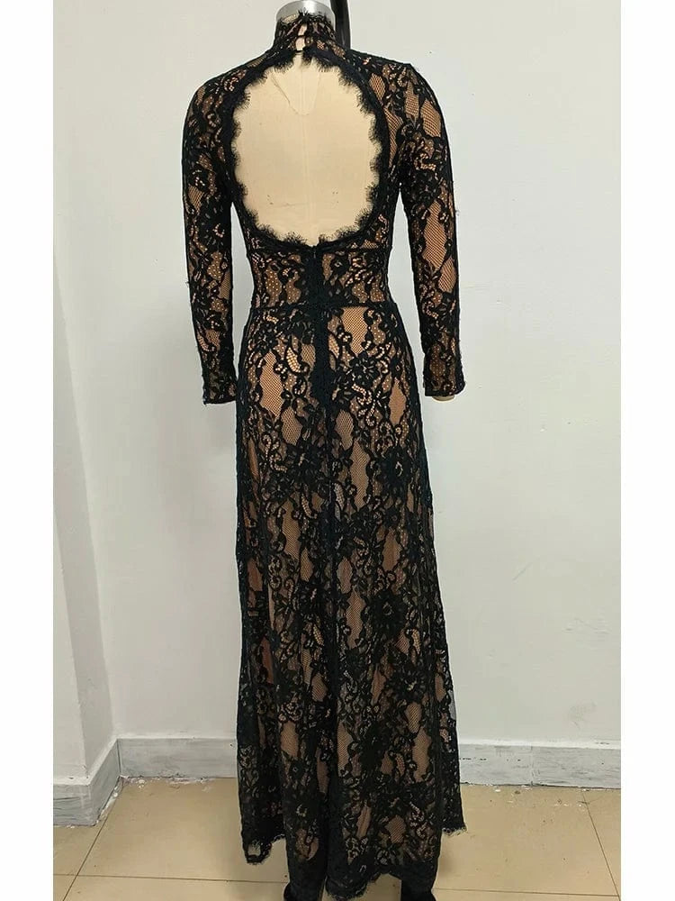 Women's Maxi Lace Cut Out Long Dress Sexy Backless High Split Long-Sleeves Deep V-Neck Celebrity Slim Party Wedding Morning Gown