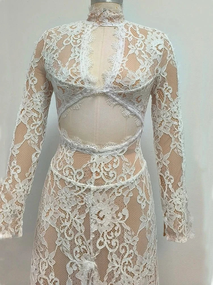 Women's Maxi Lace Cut Out Long Dress Sexy Backless High Split Long-Sleeves Deep V-Neck Celebrity Slim Party Wedding Morning Gown