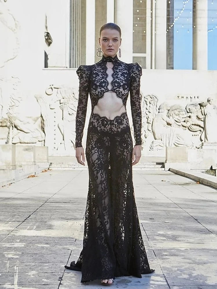 Women's Maxi Lace Cut Out Long Dress Sexy Backless High Split Long-Sleeves Deep V-Neck Celebrity Slim Party Wedding Morning Gown