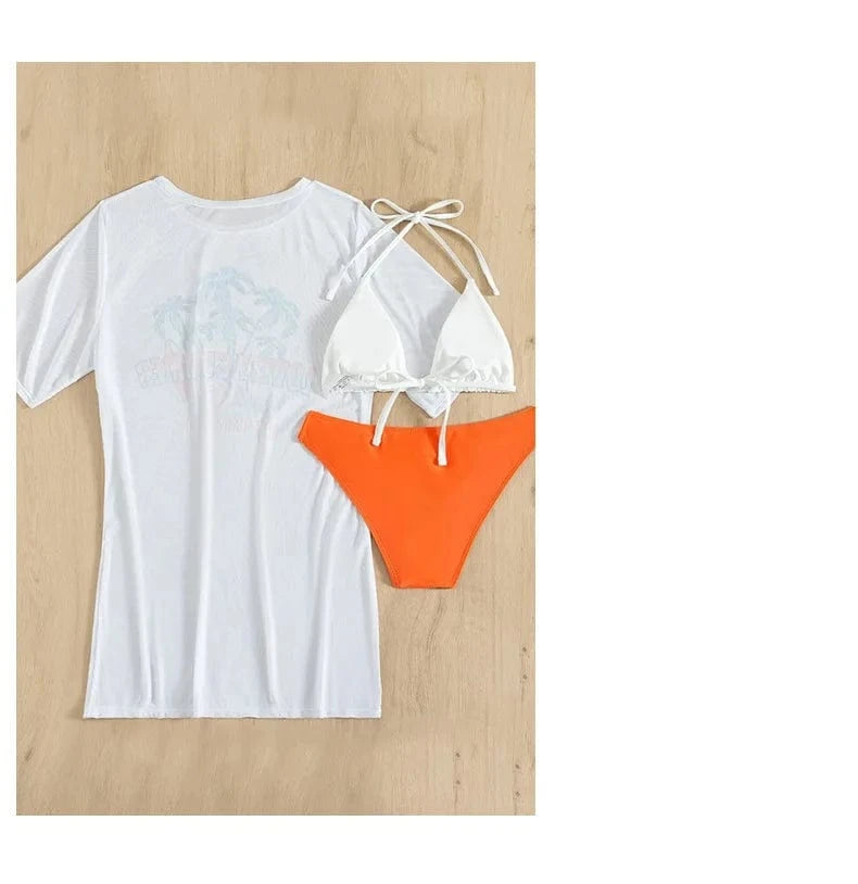 Women's Mesh 3 Pieces Plant Print Halter Bikini 2024 Women & Cover Up Swimsuit Female Sexy Palm Swimwear Beachwear Swimming Suit