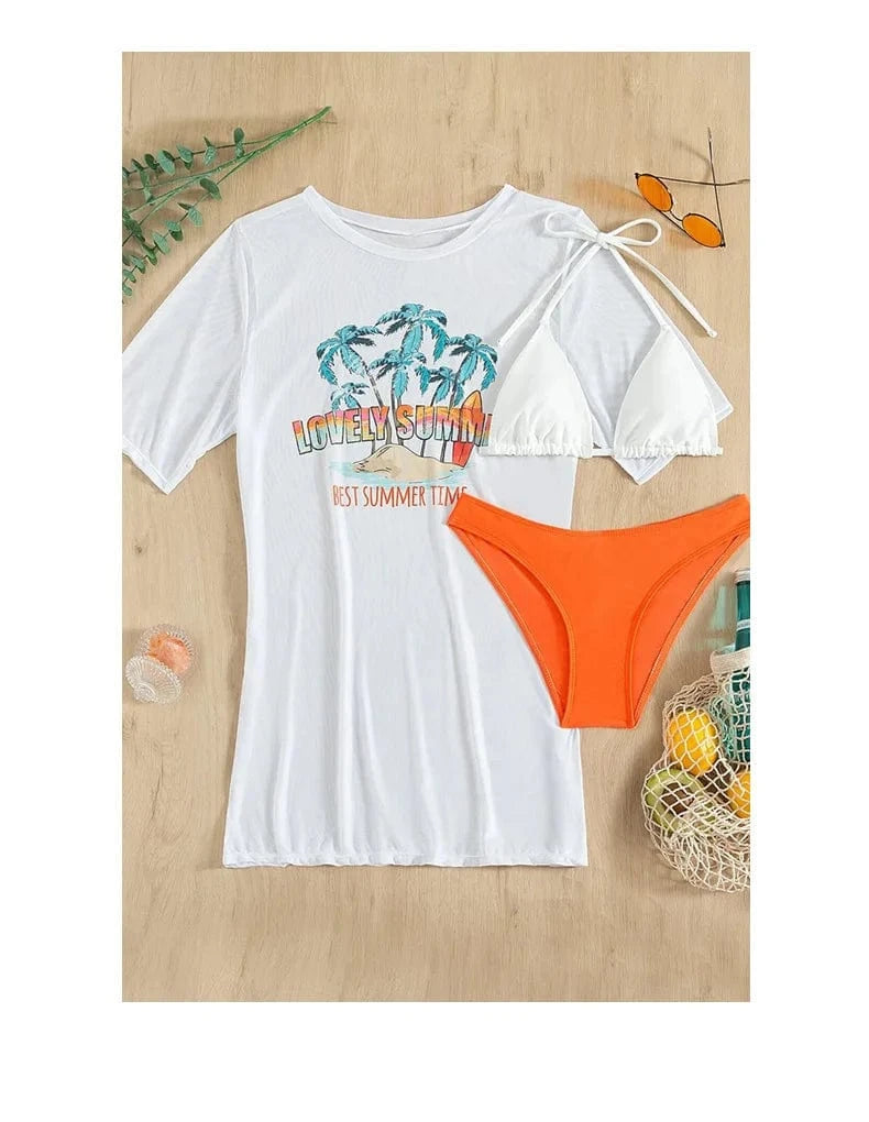 Women's Mesh 3 Pieces Plant Print Halter Bikini 2024 Women & Cover Up Swimsuit Female Sexy Palm Swimwear Beachwear Swimming Suit