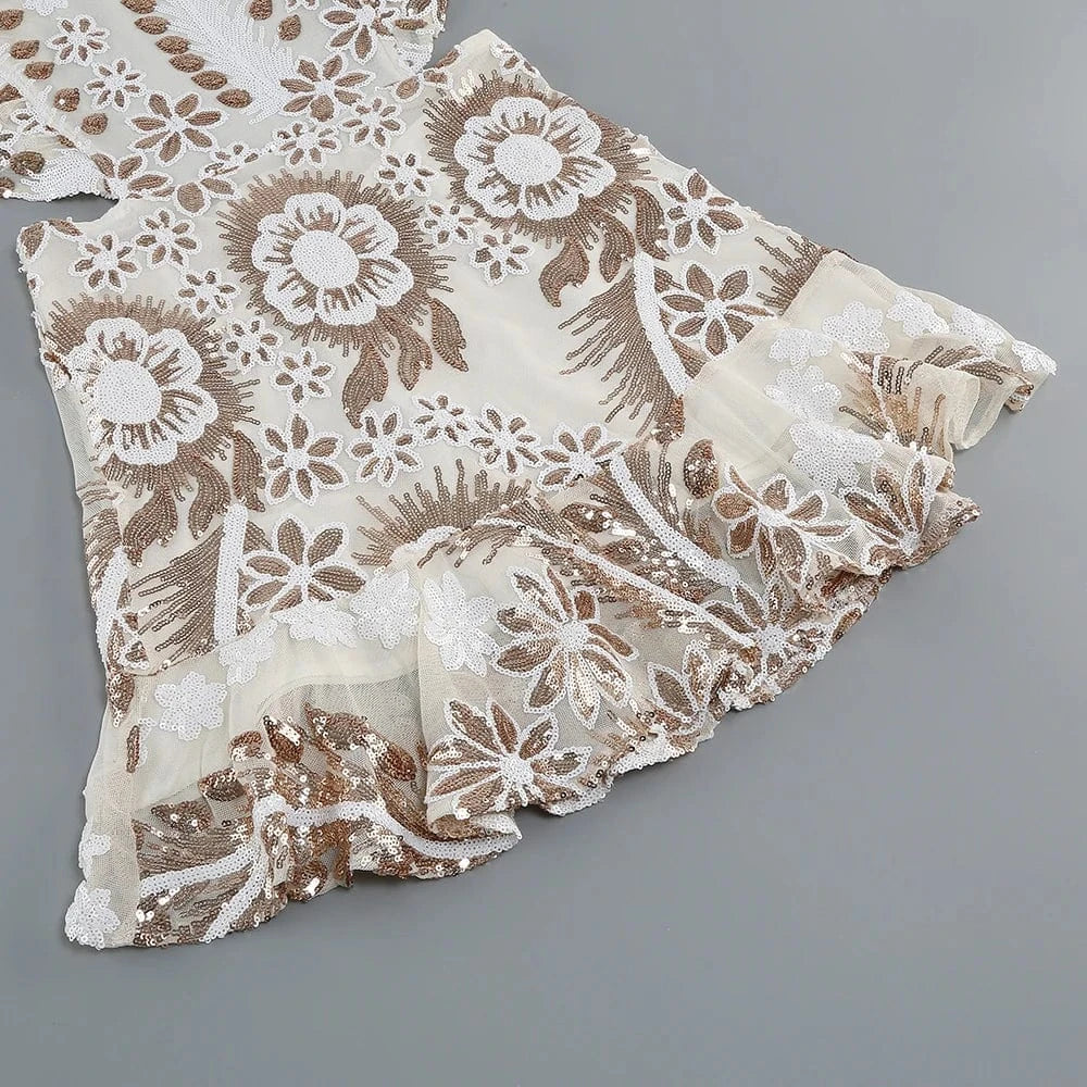 Women's New Round Neck Sleeveless Ruffle Sexy Halter Hollow Out Mini Dress Niche Sequins Beaded Luxury Evening Party Dress