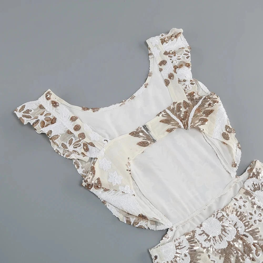 Women's New Round Neck Sleeveless Ruffle Sexy Halter Hollow Out Mini Dress Niche Sequins Beaded Luxury Evening Party Dress