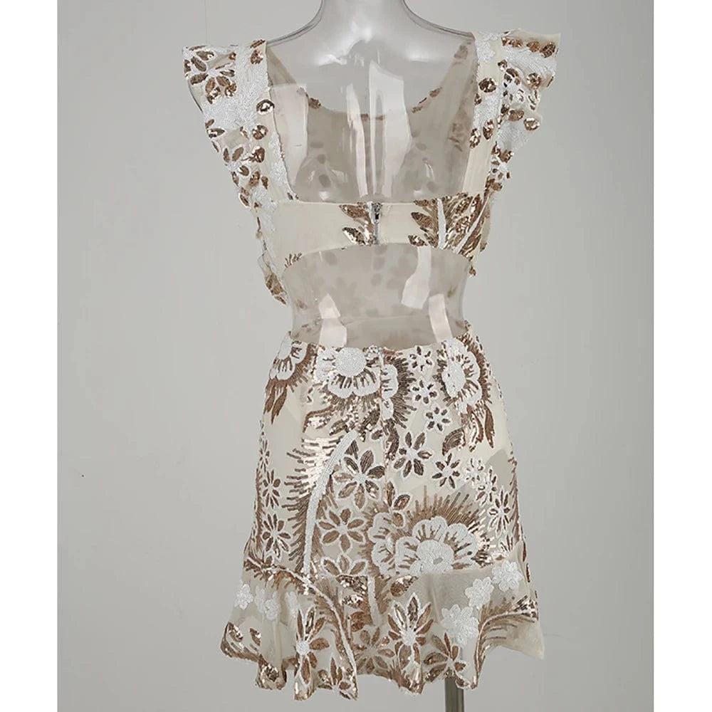 Women's New Round Neck Sleeveless Ruffle Sexy Halter Hollow Out Mini Dress Niche Sequins Beaded Luxury Evening Party Dress