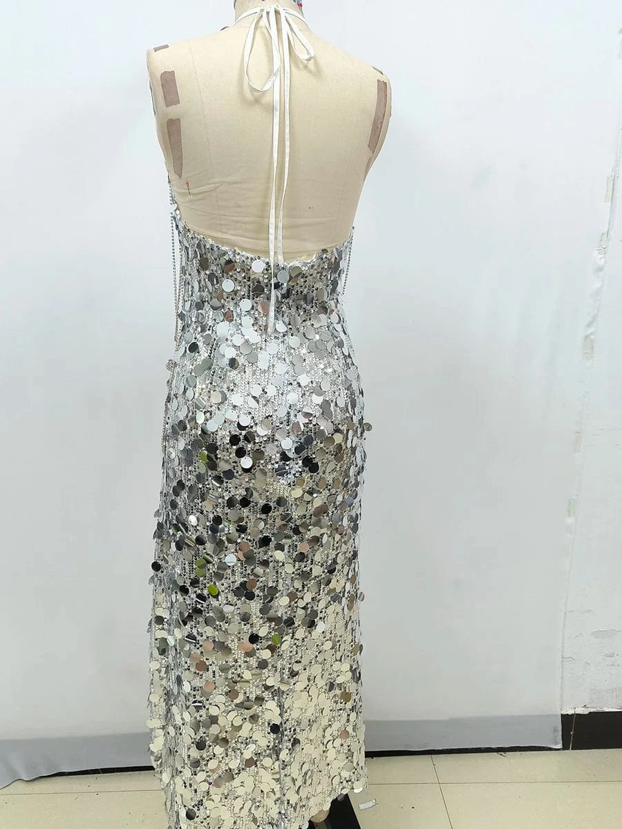 Women's New Sexy V-Neck Sequin Fringe Halter and Calf Length Dress Slit High Texture Design Luxurious Temperament Evening Dress